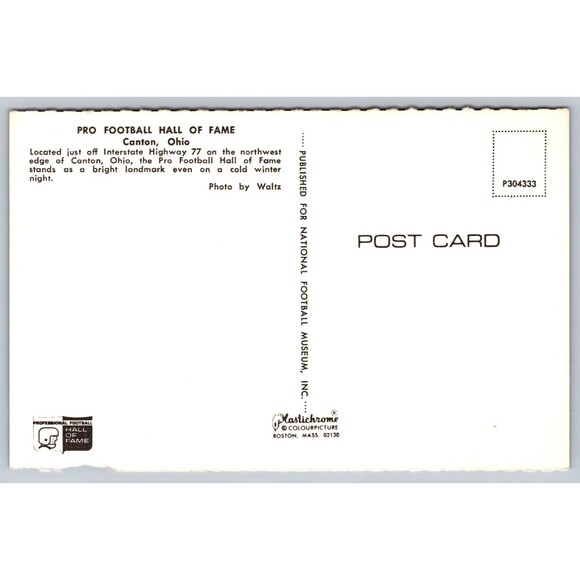 Postcard Ohio Canton Pro Football Hall of Fame Cold Winter Night vintage c1970s - Picture 2 of 2